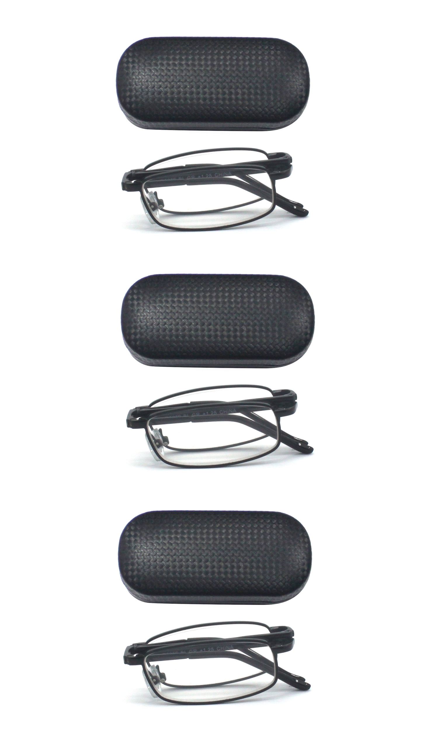 EYEZOOM 3 Pack Unisex Compact Metal Folding Reading Glasses with Black Case, Black Frame, +1.25