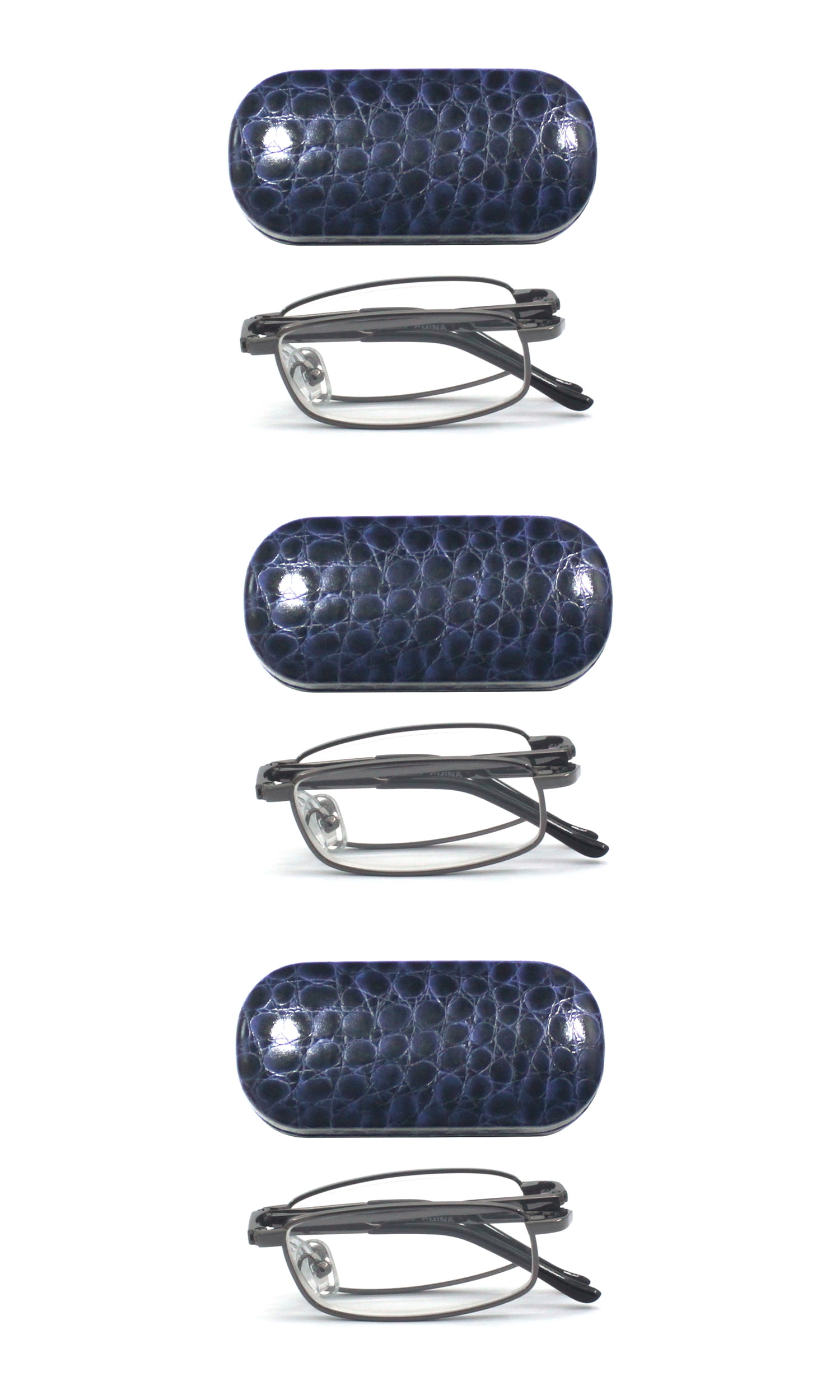 EYEZOOM 3 Pack Unisex Compact Metal Folding Reading Glasses with Blue Case, Gunmetal Frame, +3.50