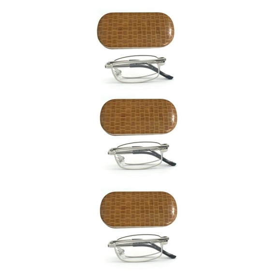 EYEZOOM 3 Pack Unisex Compact Metal Folding Reading Glasses with Brown Case, Silver Frame, +3.00