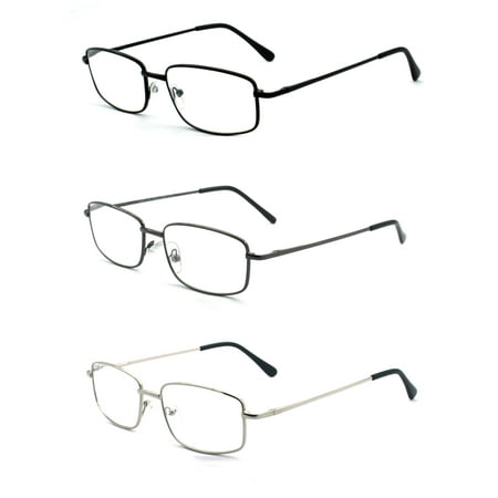 EYEZOOM 3 Pairs Extra Wide Light Weight Rectangular Metal Frame Reading Glasses with Spring Hinge (Black, Gunmetal and Silver, Strength: +2.75)
