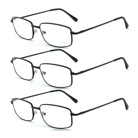 EYEZOOM 3 Pairs Extra Wide Light Weight Rectangular Metal Frame Reading Glasses with Spring Hinge (Black, Strength: +2.75)
