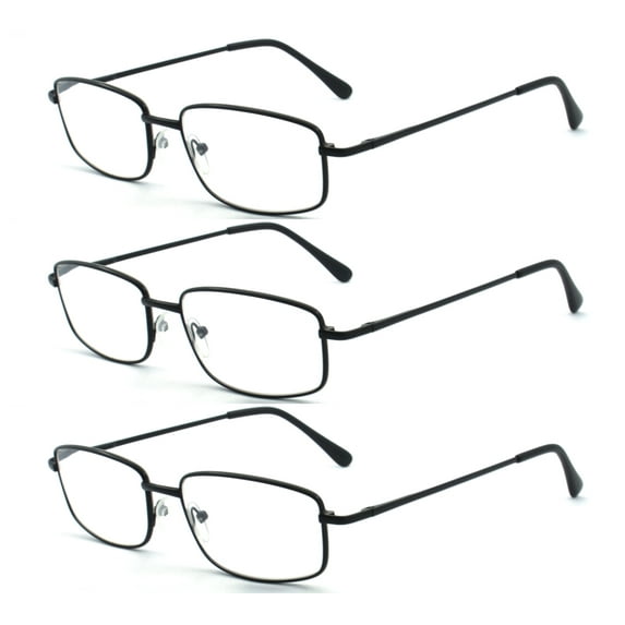 EYEZOOM 3 Pairs Extra Wide Light Weight Rectangular Metal Frame Reading Glasses with Spring Hinge (Black, Strength: +3.50)