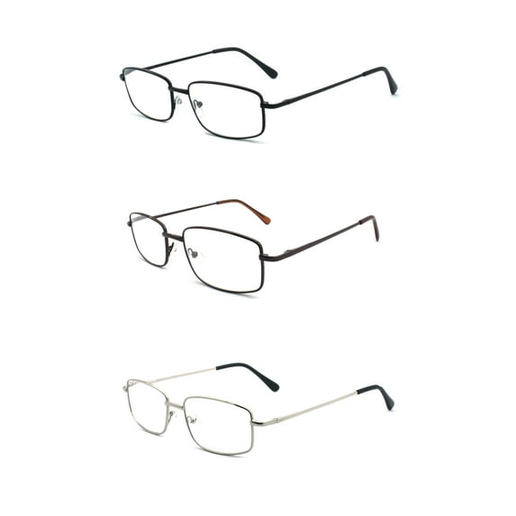 EYEZOOM 3 Pairs Extra Wide Light Weight Rectangular Metal Frame Reading Glasses with Spring Hinge (Brown, Silver and Black, Strength: +2.25)