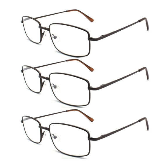 EYEZOOM 3 Pairs Extra Wide Light Weight Rectangular Metal Frame Reading Glasses with Spring Hinge (Brown, Strength: +2.75)