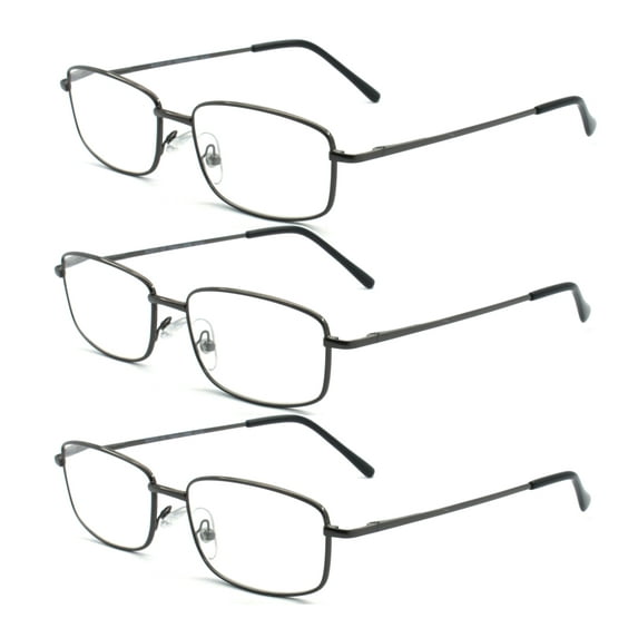 EYEZOOM 3 Pairs Extra Wide Light Weight Rectangular Metal Frame Reading Glasses with Spring Hinge (Gunmetal, Strength: +1.00)