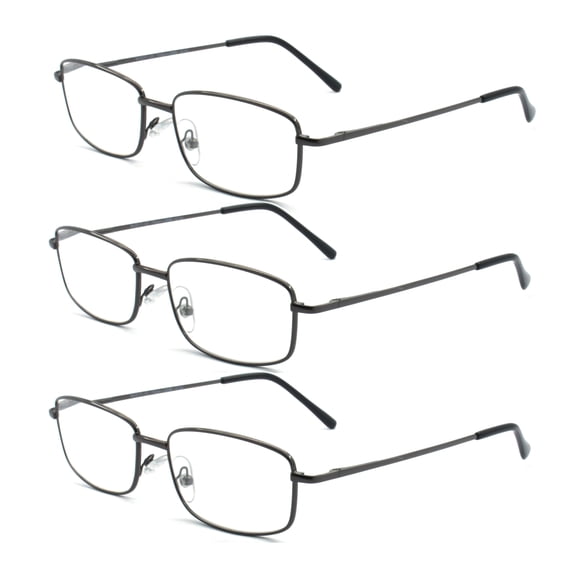 EYEZOOM 3 Pairs Extra Wide Light Weight Rectangular Metal Frame Reading Glasses with Spring Hinge (Gunmetal, Strength: +1.50)