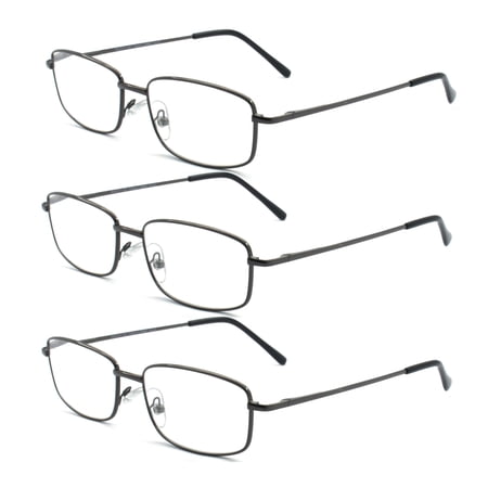EYEZOOM 3 Pairs Extra Wide Light Weight Rectangular Metal Frame Reading Glasses with Spring Hinge (Gunmetal, Strength: +2.25)