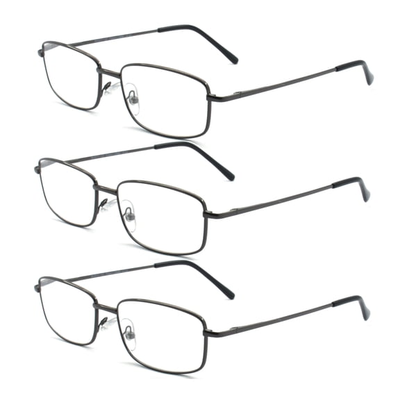 EYEZOOM 3 Pairs Extra Wide Light Weight Rectangular Metal Frame Reading Glasses with Spring Hinge (Gunmetal, Strength: +2.50)