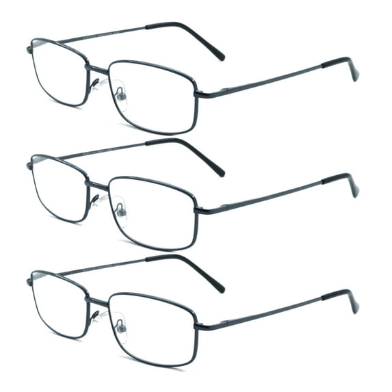 EYEZOOM 3 Pairs Extra Wide Light Weight Rectangular Metal Frame Reading Glasses with Spring Hinge (Navy Blue, Strength: +1.00)