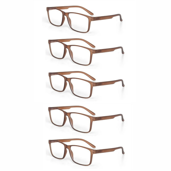 EYEZOOM 5 Pack Unisex Large Plastic Rectangular Reading Glasses with Spring Hinge, Brown, +350
