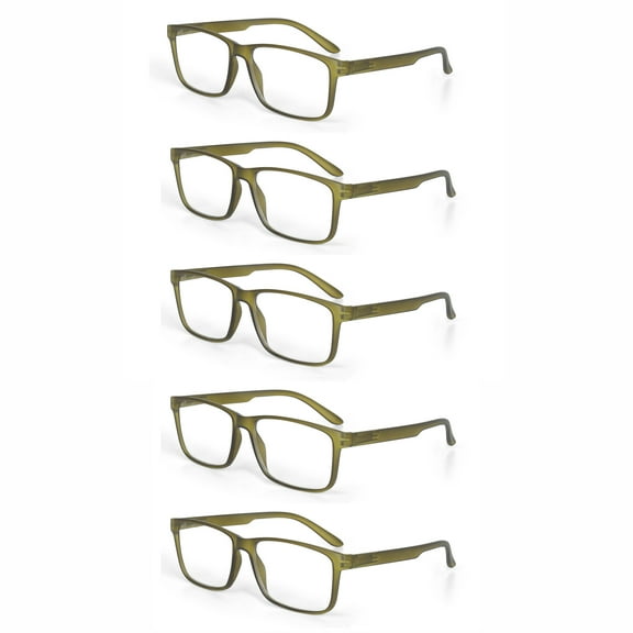 EYEZOOM 5 Pack Unisex Large Plastic Rectangular Reading Glasses with Spring Hinge, Green, +100