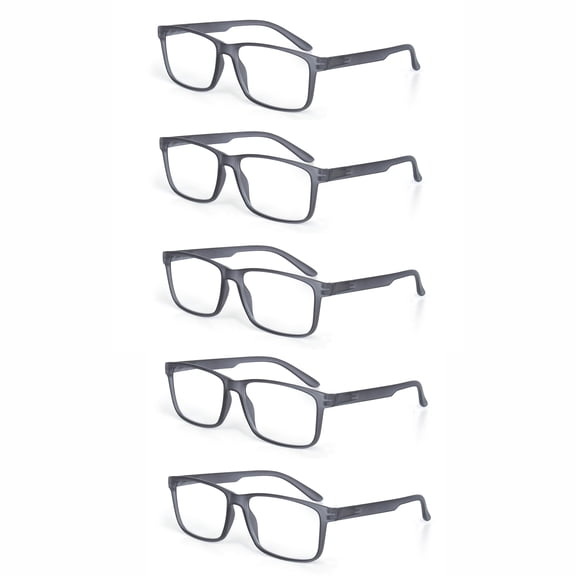 EYEZOOM 5 Pack Unisex Large Plastic Rectangular Reading Glasses with Spring Hinge, Grey, +250