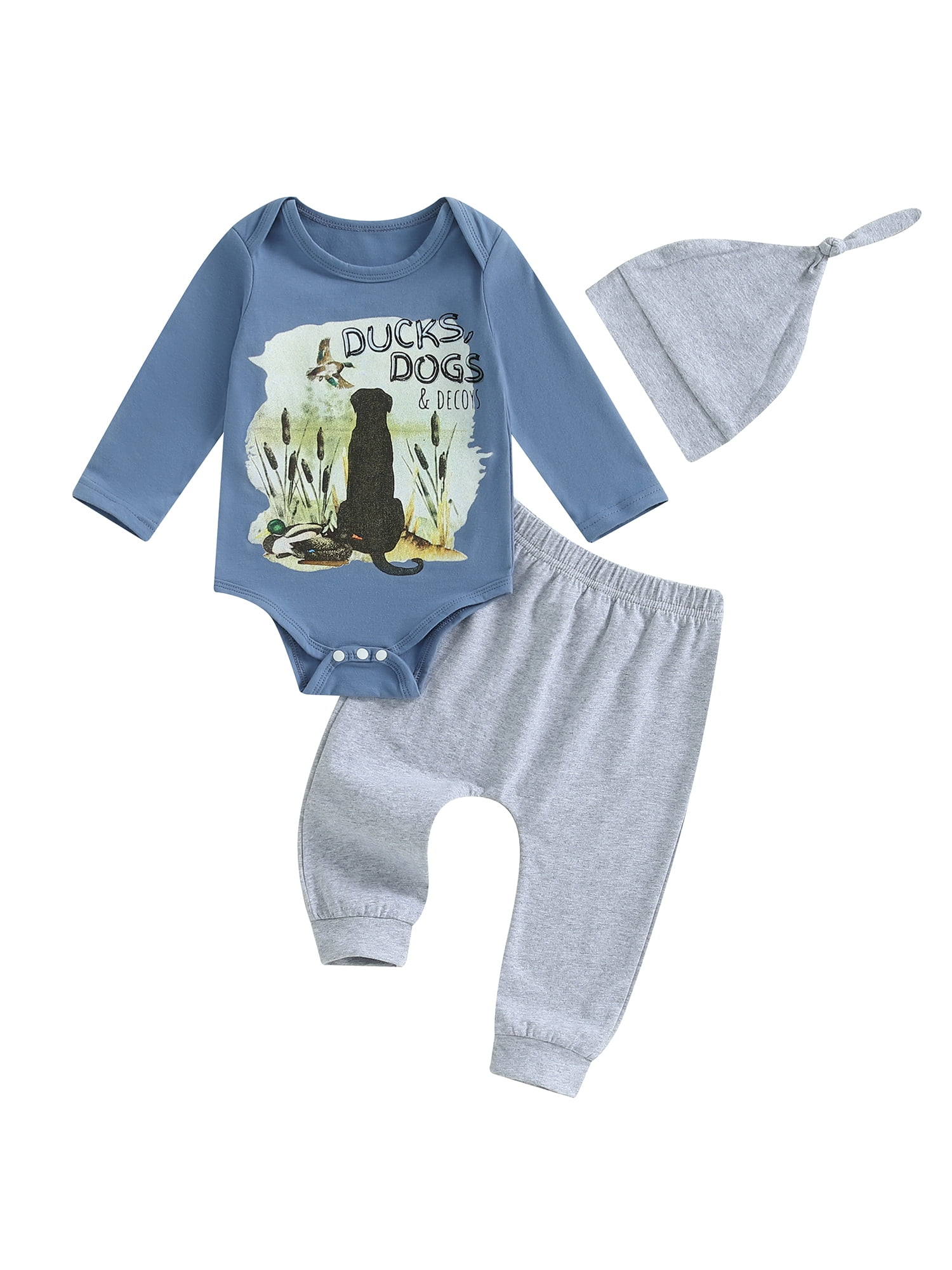 EYIIYE Baby Boys Set Dog Duck Print Long Sleeve Romper Trousers Hat