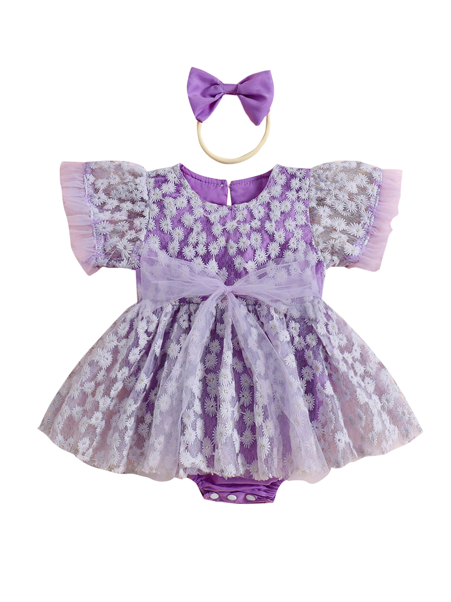 EYIIYE Baby Girl Set Lace Tieup Daisy Mesh Dress Romper Bow Headband