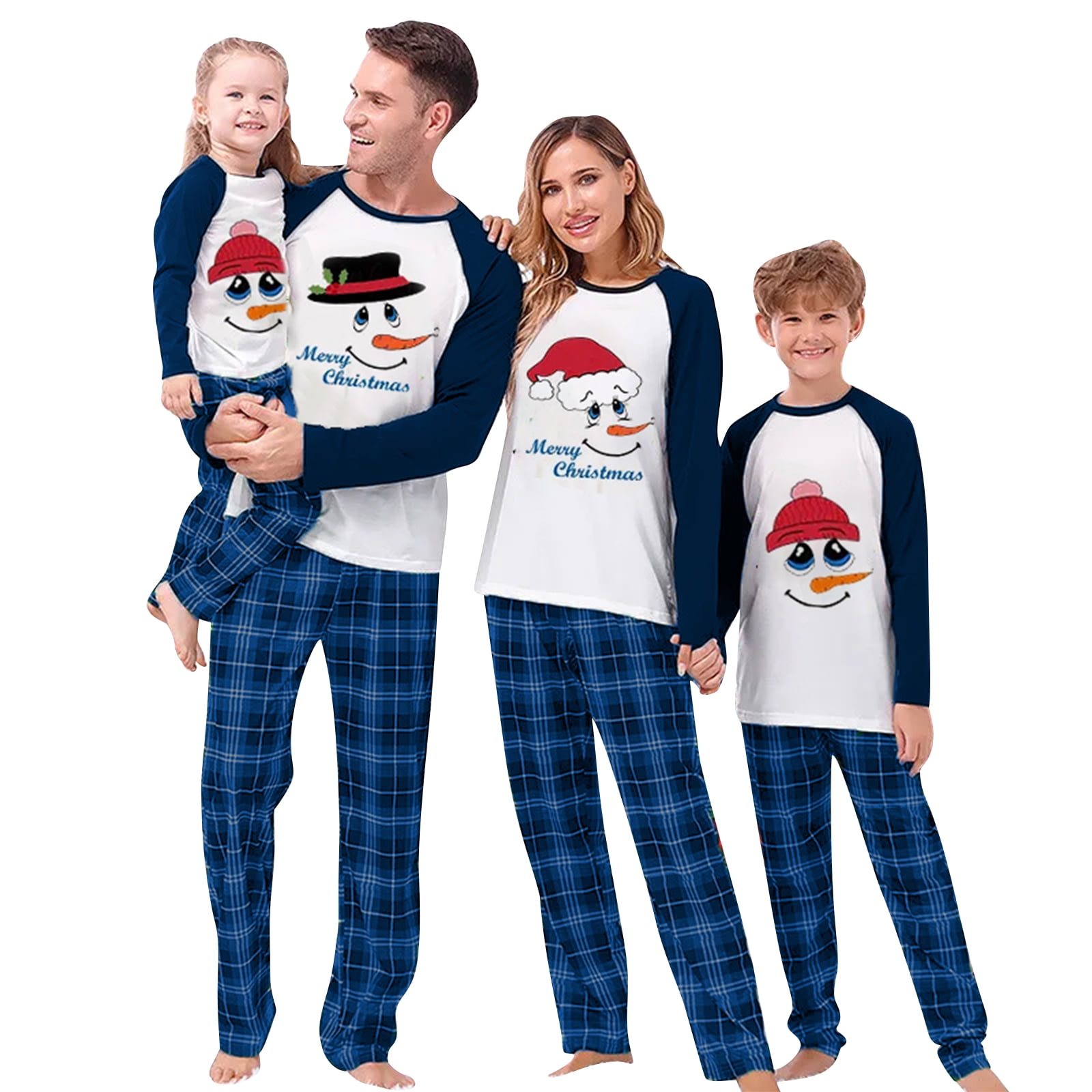 EYIIYE Christmas Pajamas for Family, Letter Print Long-Sleeved Round Neck Tops + Plaid Trousers Sleepwear Outfits