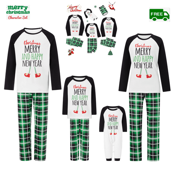 EYIIYE Family Christmas Pajamas Matching Sets Letter Print Long Sleeve Shirt and Elastic Plaid Pants Set Loungewear Soft Sleepwear