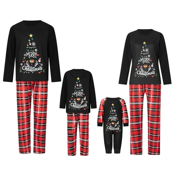 EYIIYE Family Christmas Pajamas Matching Sets, Long Sleeve Tree Print T-shirt with Plaid Pants Sleepwear Loungewear