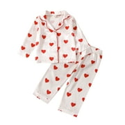 KEESONKIMI EYIIYE Kids Girls Valentine's Day Pajamas Heart Print Long Sleeve Lapel Neck Buttons Tops Straight Pants Sleepwear Set 1-6 Years