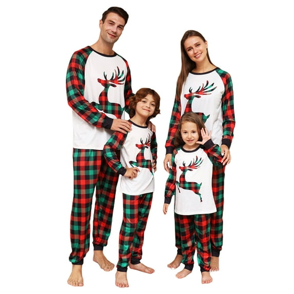EYIIYE Matching Christmas Pajamas For Family, Baby Romper/Elk Print Long Sleeve Tops and Plaid Pants Sleepwear Set