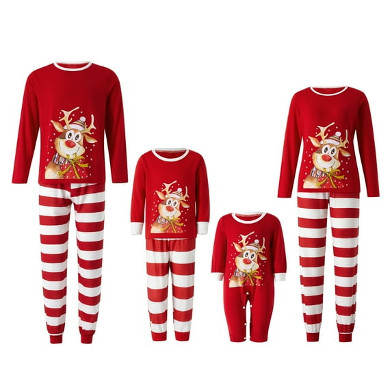 EYIIYE Matching Christmas Pajamas For Family, Cartoon Elk Stripe Printing Long Sleeve Round Collar Sleepwear for Mom/Dad/Kid/Baby