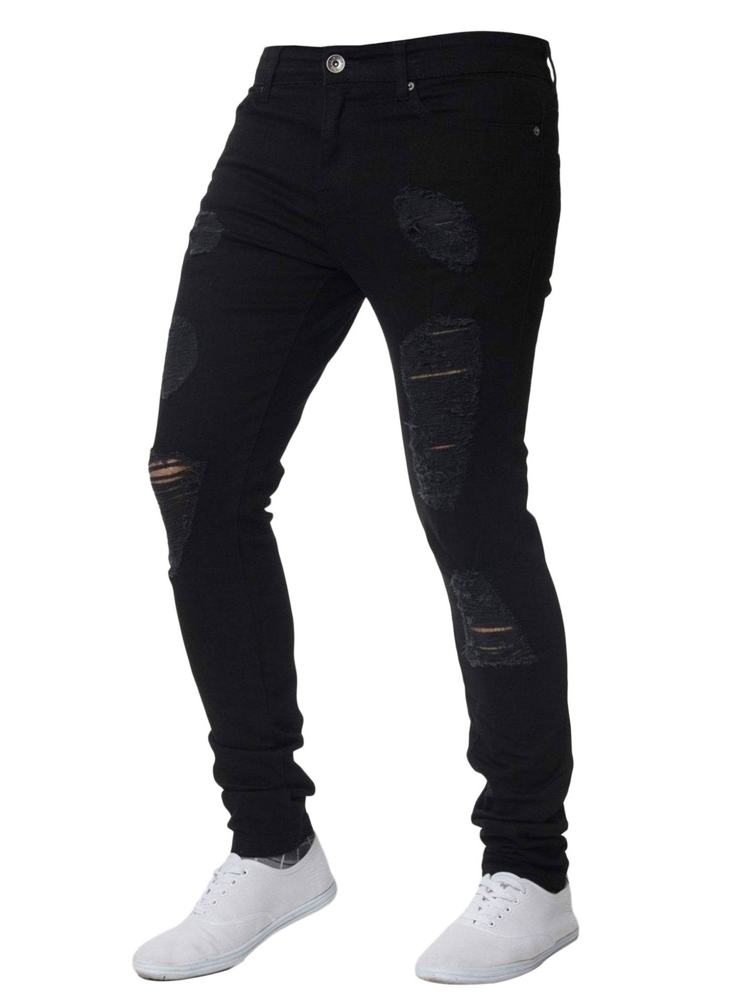 EYIIYE Men's Distressed Tapered Leg Ripped Holes Long Denim Pants Jeans ...
