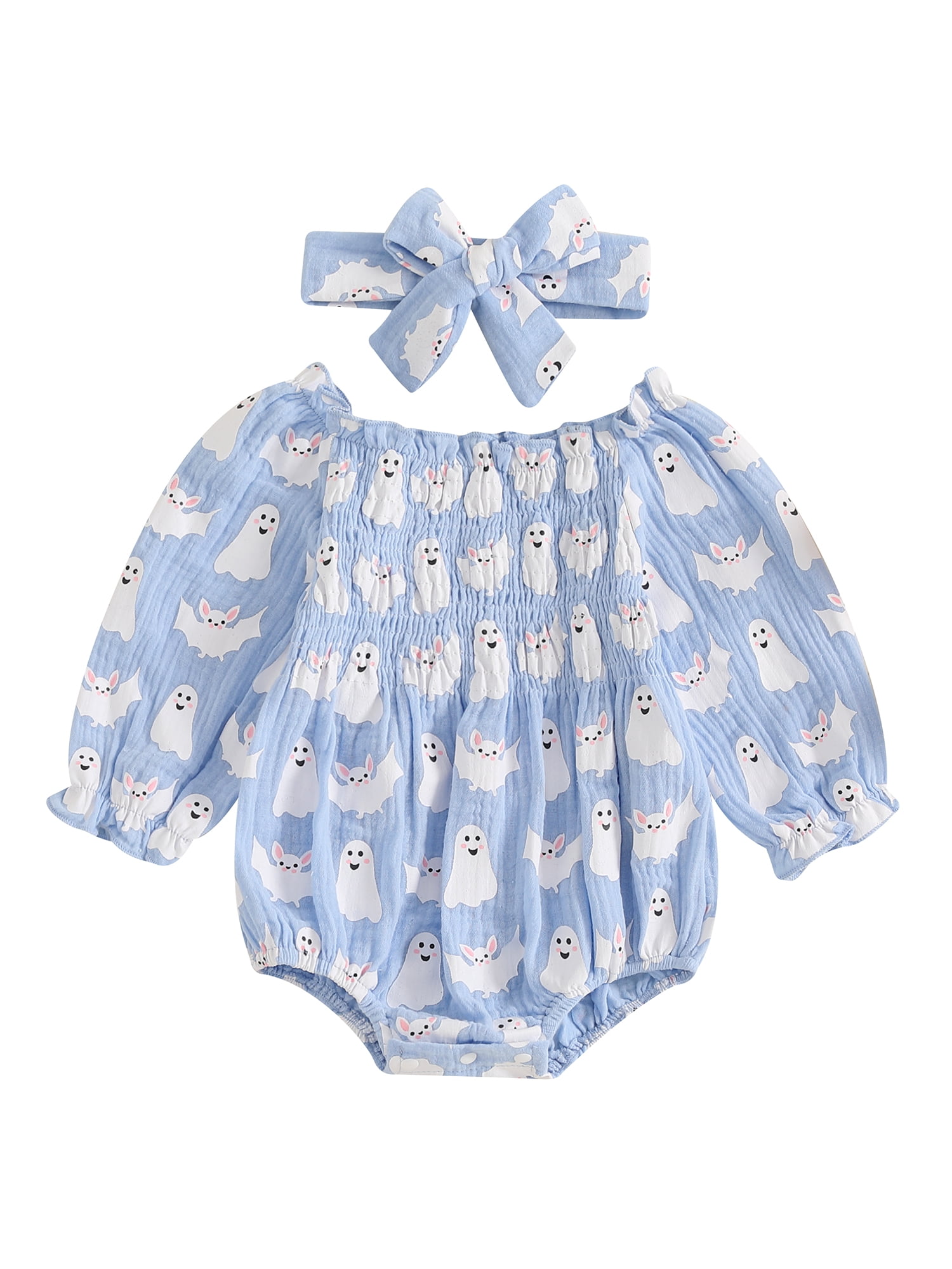 EYIIYE Newborn Girl Halloween Outfit Long Sleeve Ghost Print Romper