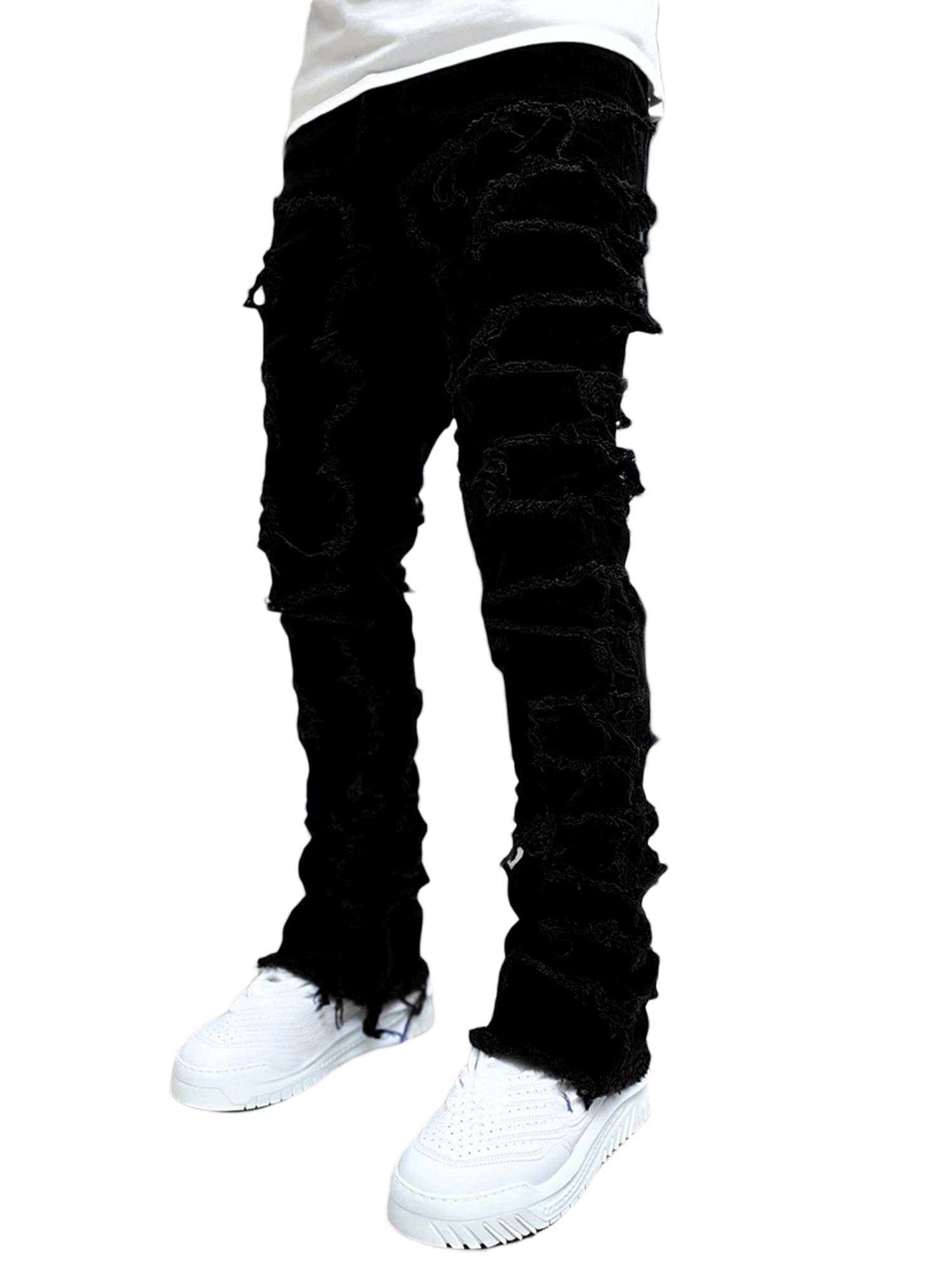 EYIIYE Stacked Jeans Men Skinny Ripped Jeans Slim Fit