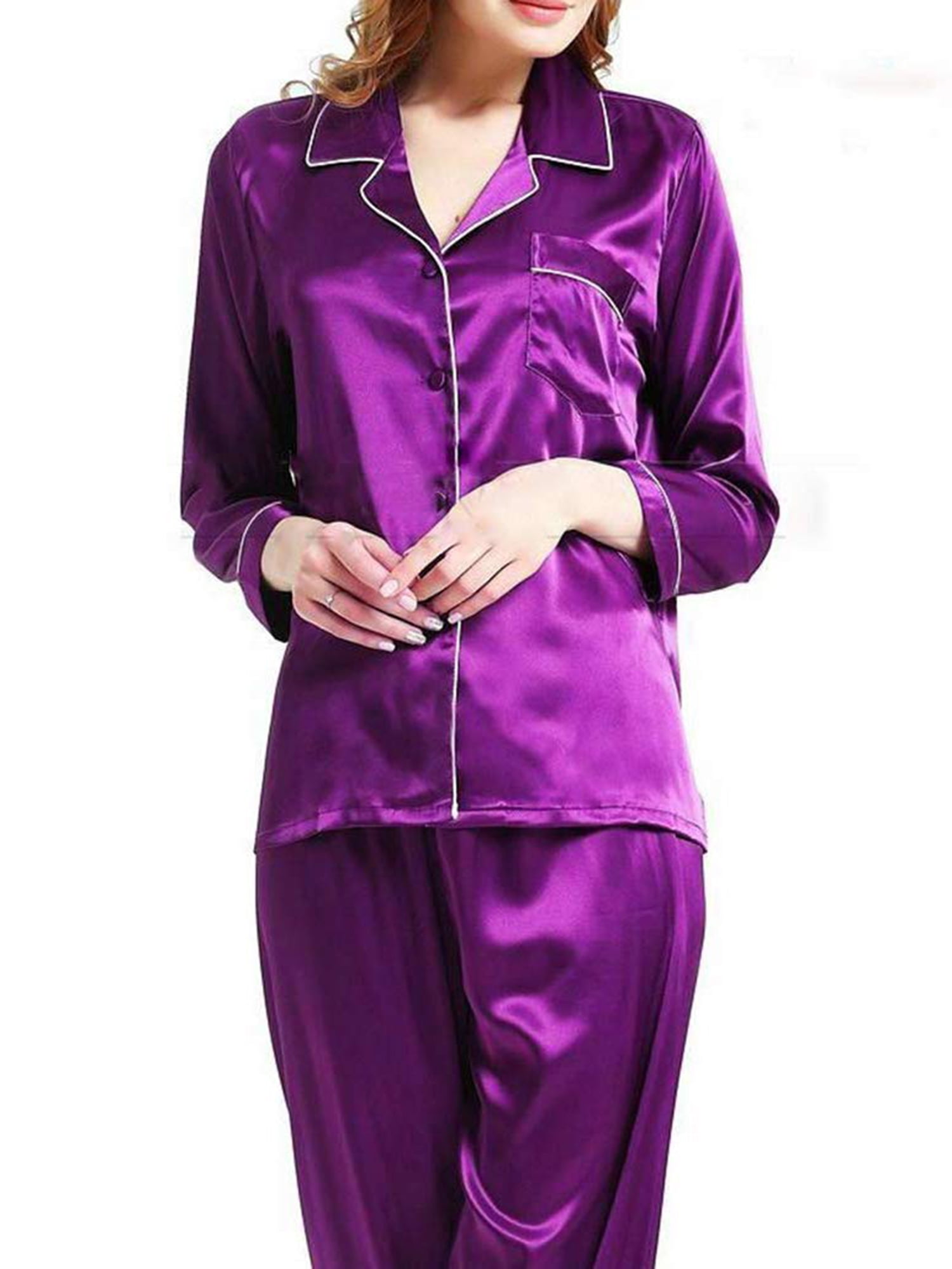 EYIIYE Women Silk Satin Button Long Sleeve Pajamas Pyjamas Loungewear