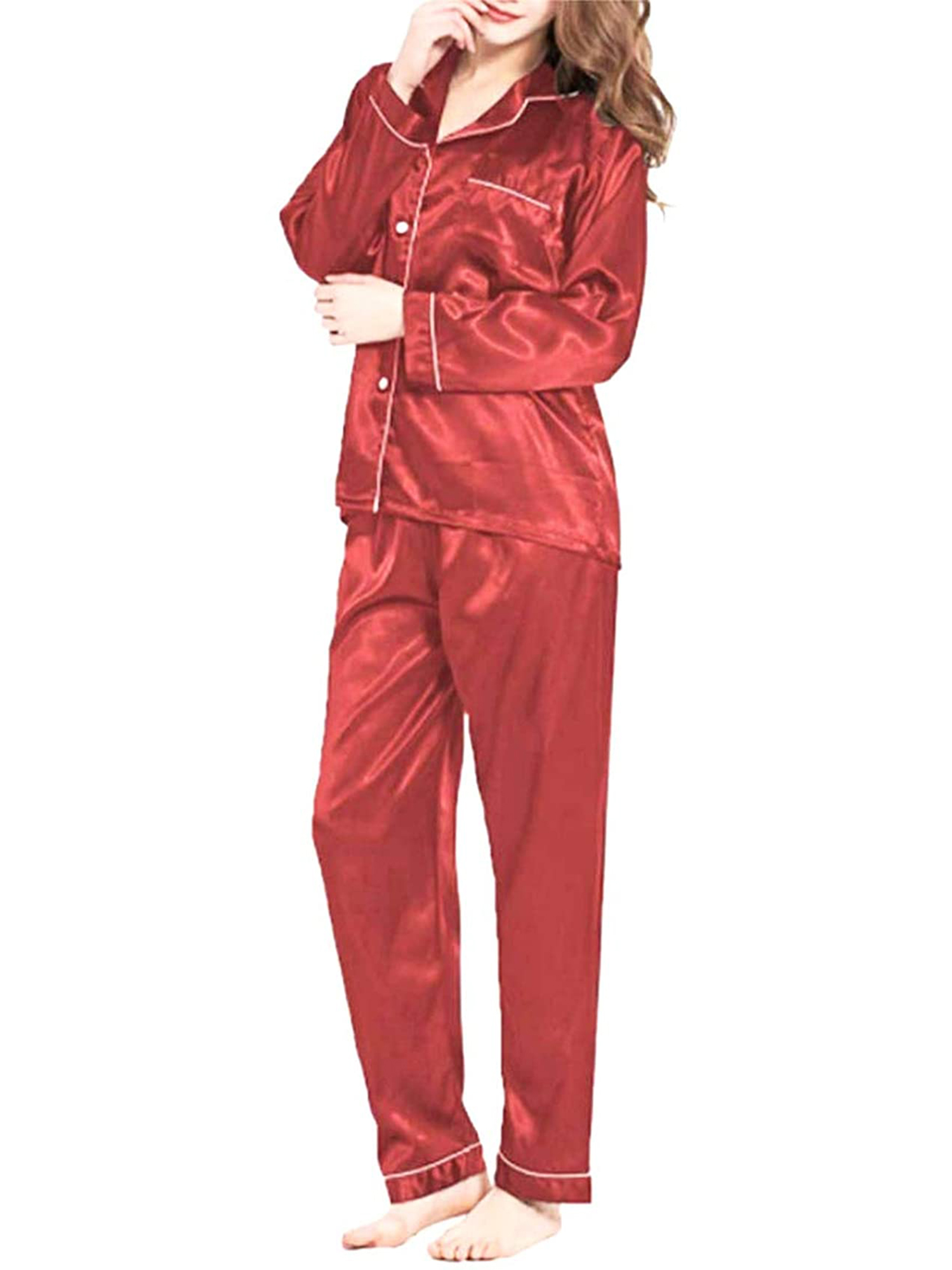 EYIIYE Women Silk Satin Button Long Sleeve Pajamas Pyjamas Loungewear Sleepwear Sets S-XL - image 1 of 7