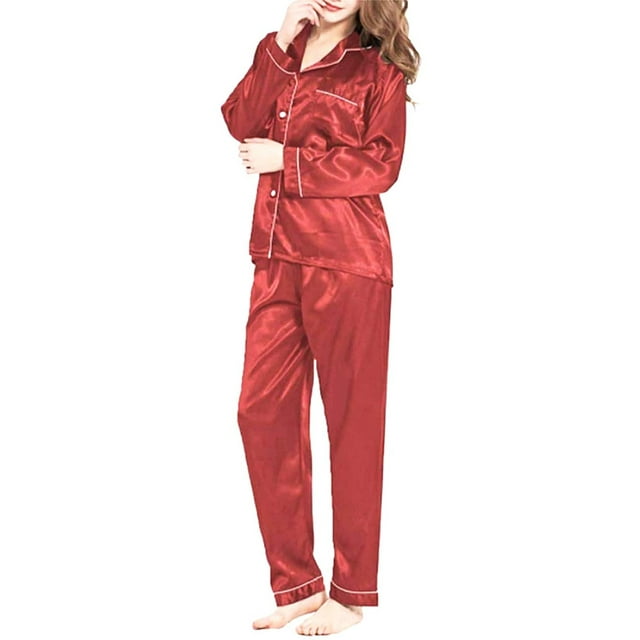 EYIIYE Women Silk Satin Button Long Sleeve Pajamas Pyjamas Loungewear Sleepwear Sets S-XL