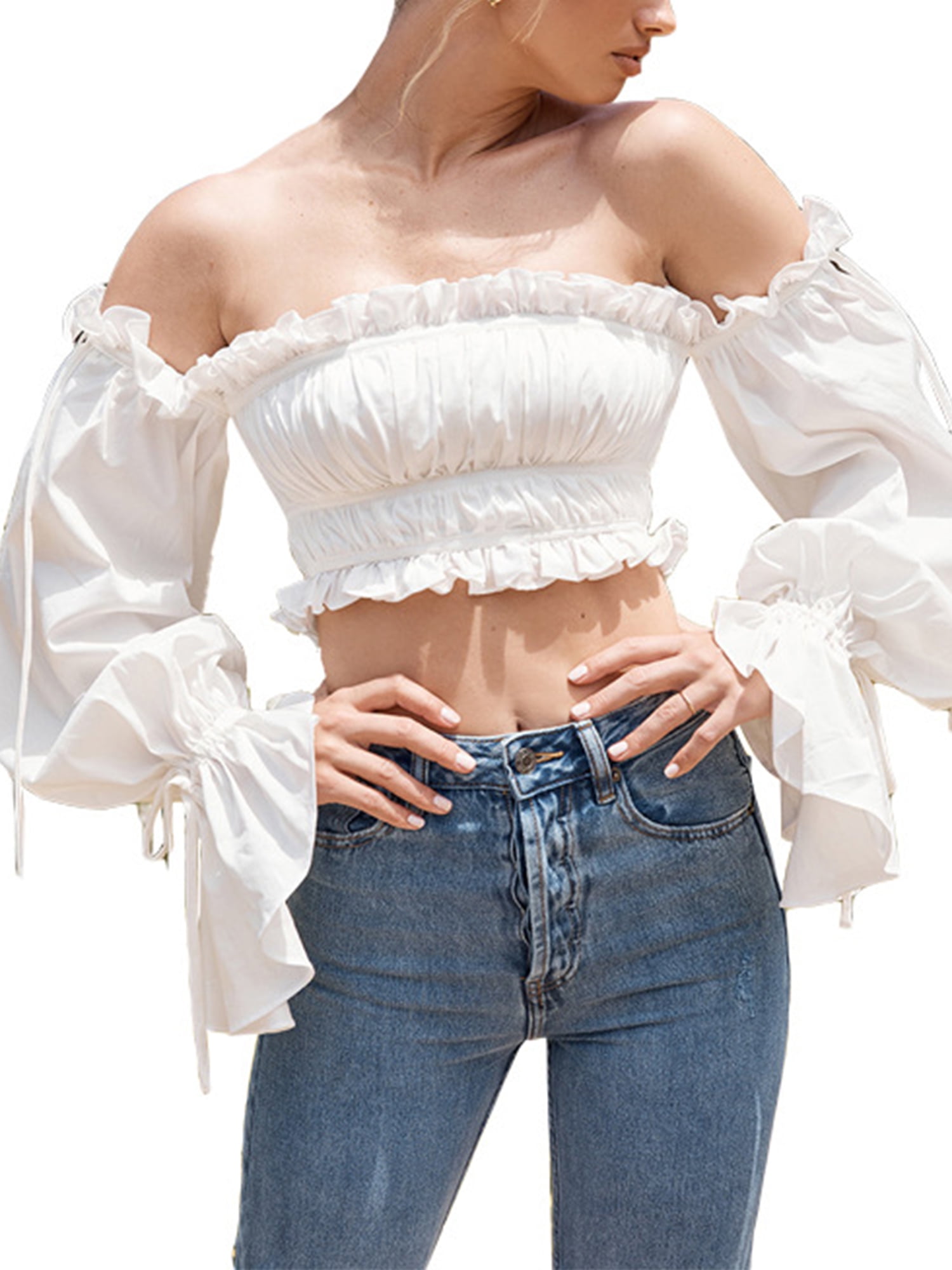 EYIIYE Women Off-The-Shoulder Puff Sleeve Blouse Ruffle Long Sleeve Crop Top Clubwear - Walmart.com