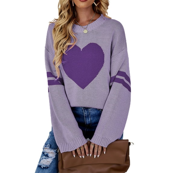 EYIIYE Women's Heart Print Knitted Pullover Long Sleeve Crew Neck Sweater Tops Valentine's Day Gif