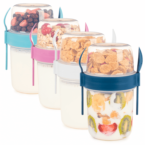 EYNEL 4 Pack On The Go 22 oz Breakfast Cups with Lids and Spoon, Reusable Cereal Yogurt Cup with Topping Plastic Overnight Oats Container for Granola Oatmeal
