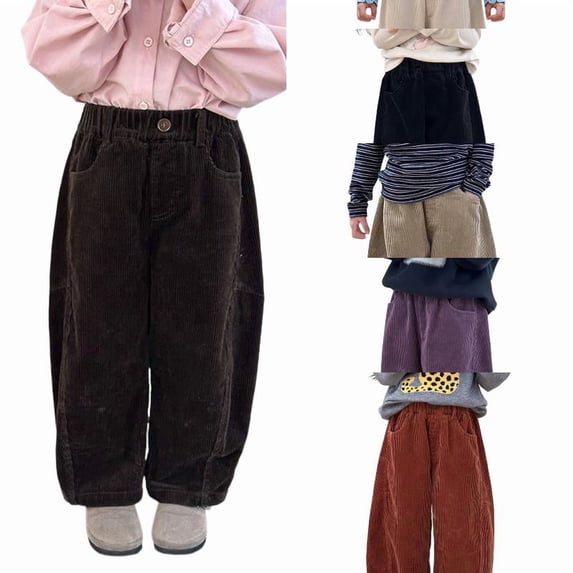 EYNMVR Boys Corduroy Barrel Pants Mid-Rise Elastic Waist Wide Leg Baggy Trousers with Pockets 6-7 Years