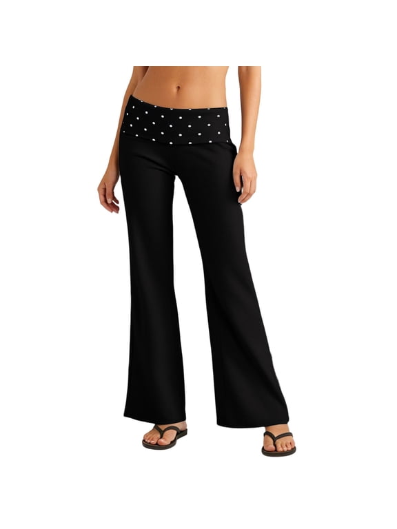 Fold Over Yoga Pants for Women Polka Dot Low Waist Wide Leg Flare Leggings Lounge Sweatpants
