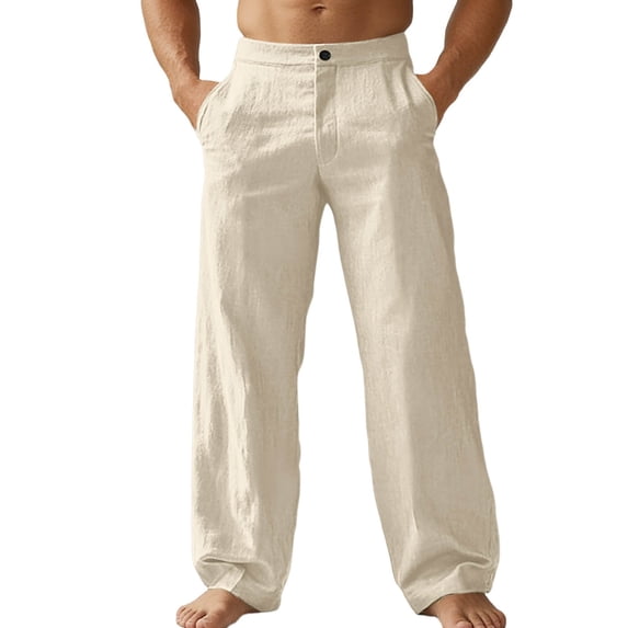 EYNMVR Men's Cotton Linen Pants Casual Button Up High Waisted Wide Leg Trousers