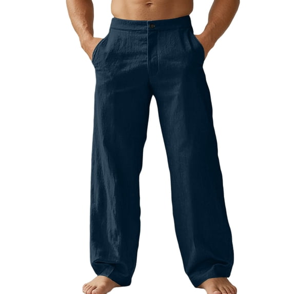 EYNMVR Men's Cotton Linen Pants Casual Button Up High Waisted Wide Leg Trousers