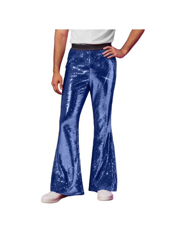 Mens Sequin Flare Pants Sparkly Glitter High Waisted Bell Bottom Trousers Disco Party Clubwear