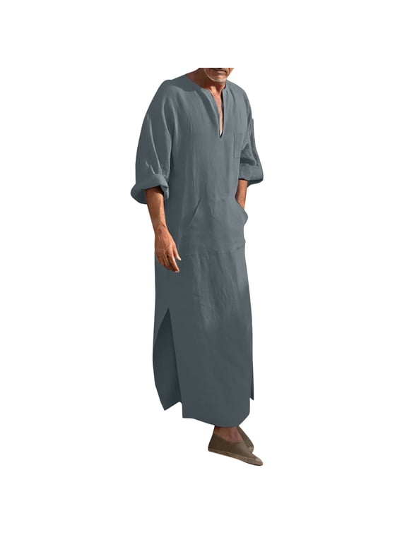 Mens V-Neck Linen Robe Short Sleeve Kaftan Thobe Long Gown Casual Shirt for Beach