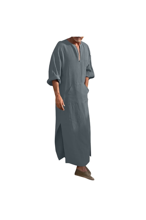 Mens V-Neck Linen Robe Short Sleeve Kaftan Thobe Long Gown Casual Shirt for Beach
