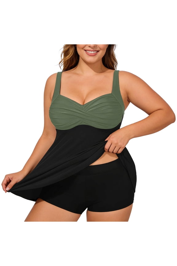 Plus Size Two Piece Swimsuits for Women Tankini Bathing Suits Flowy Swim Dress with Tummy Control Boy Shorts