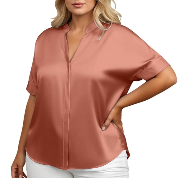 EYNMVR Plus Size Womens Satin Blouse Short Sleeve Silk Tops Button Down Shirts Business Casual Outfits