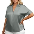 thumbnail image 1 of EYNMVR Plus Size Womens Satin Blouse Short Sleeve Silk Tops Button Down Shirts Business Casual Outfits, 1 of 4