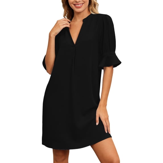 EYNMVR Shift Dress for Women V Neck Ruffle Sleeve Loose Summer Office Work Casual Dress