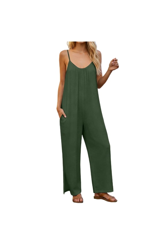 Women Casual Jumpsuits Summer Sleeveless Loose Jumpsuit Shoulder Strap Adjustable Long Pants Rompers