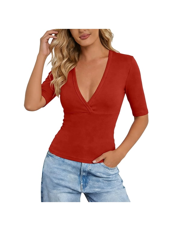 Women Deep V Neck Low Cut Long Sleeve Slim Shirt Tee Top Blouse
