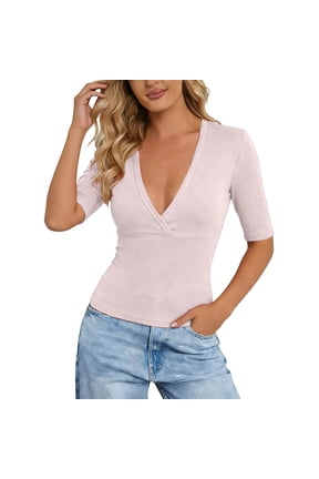 Women Deep V Neck Low Cut Long Sleeve Slim Shirt Tee Top Blouse