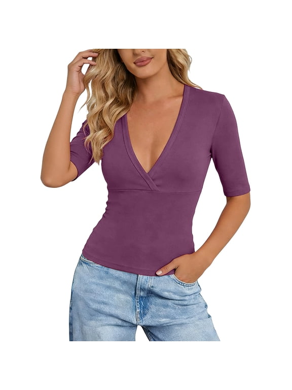 Women Deep V Neck Low Cut Long Sleeve Slim Shirt Tee Top Blouse