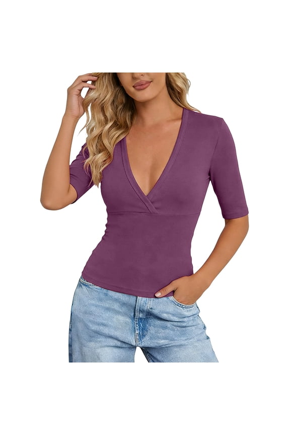 Women Deep V Neck Low Cut Long Sleeve Slim Shirt Tee Top Blouse