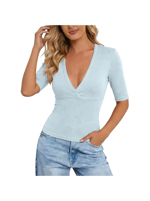 Women Deep V Neck Low Cut Long Sleeve Slim Shirt Tee Top Blouse